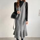 V-neck Ruffle-hem Long Overall Dress Charcoal Gray - One Size