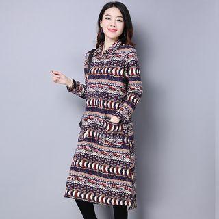 Patterned Long Sleeve Collared Midi Dress