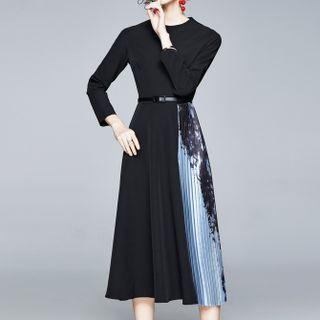 Long-sleeve Pleated Panel Midi A-line Dress