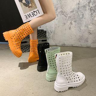 Perforated Faux Leather Mid-calf Boots