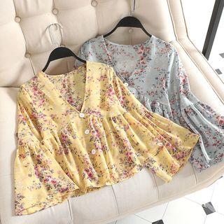 Floral V-neck Bell-sleeve Chiffon Top