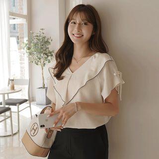 V-neck Scallop-trim Tie-sleeve Blouse