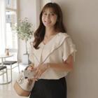 V-neck Scallop-trim Tie-sleeve Blouse