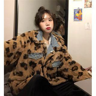 Reversible Denim Panel Leopard Fleece Jacket Denim + Leopard - One Size