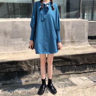 Knit Tie-neck Long-sleeve Mini Dress