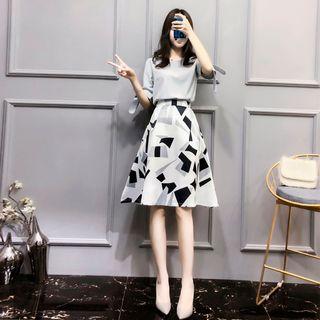 Set: Plain Elbow Sleeve Blouse + Patterned A-line Skirt