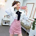 Long-sleeve Ribbon Blouse / Faux Leather Mini Skirt