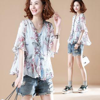Elbow-sleeve Floral Chiffon Ruffled Blouse
