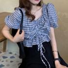 Short-sleeve V-neck Plaid Top Black & White - One Size
