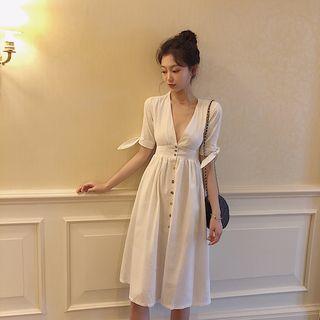 V-neck Elbow-sleeve Single-breasted A-line Midi Dress