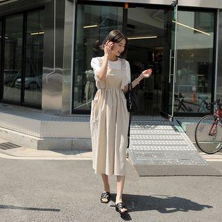 Shirred Patch-pocket Midi Overall Dress