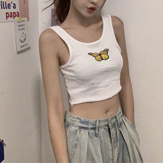 Butterfly Embroidered Cropped Tank Top