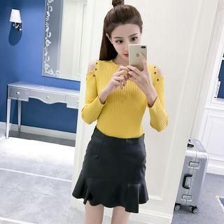 Set: Eyelet Detail Cold Shoulder Long-sleeve Knit Top + Ruffle Hem Faux Leather Mini Skirt