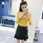 Set: Eyelet Detail Cold Shoulder Long-sleeve Knit Top + Ruffle Hem Faux Leather Mini Skirt