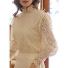 High-neck Frill-trim Lace Top Ivory - One Size