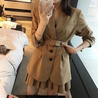 Set: Buckled Blazer + Mini A-line Pleated Skirt