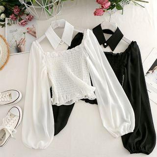 Off Shoulder Pleated Chiffon Blouse