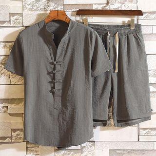 Set: Chinese Frog Button Short-sleeve Top + Drawstring Knee-length Shorts