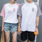 Couple Matching Letter Applique Raglan Elbow Sleeve T-shirt
