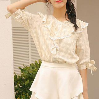 Plaid Elbow-sleeve Ruffle Blouse