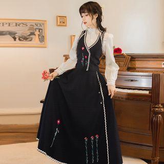 Long-sleeve Shirt / Embroidered Vest / Midi A-line Skirt