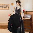 Long-sleeve Shirt / Embroidered Vest / Midi A-line Skirt