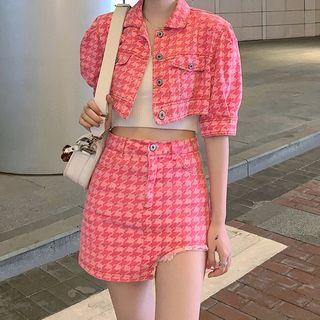 Set: Short-sleeve Houndstooth Jacket + Mini Skirt