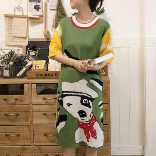 Dog Print Elbow-sleeve Knit Dress