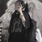 Elbow-sleeve Cartoon Face Print T-shirt