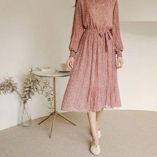 Floral Pleated Long Chiffon Dress With Sash