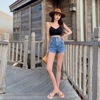 High-waist Washed Denim Drawstring Shorts