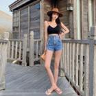 High-waist Washed Denim Drawstring Shorts