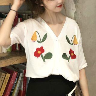 Short-sleeve V-neck Flower Shirt