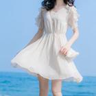 Striped Ruffle Trim Short-sleeve A-line Dress