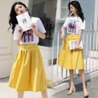 Set: Printed Short-sleeve T-shirt + High Waist A-line Skirt