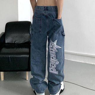 Lettering Embroidered Baggy Jeans