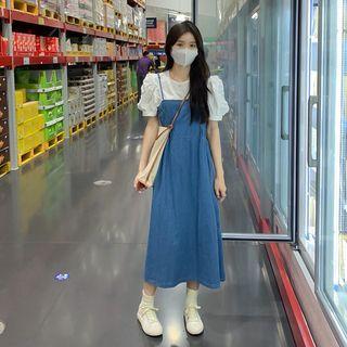 Set: Puff-sleeve Blouse + Spaghetti Strap Denim Midi A-line Dress