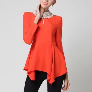 Crochet Panel Ruffle Hem Blouse