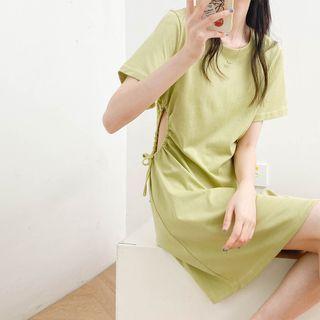 Round-neck Plain Split Drawstring Mini Dress