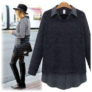 Long-sleeve Mock Two-piece Collared Top