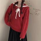 Long-sleeve Sailor Collar Cable Knit Sweater Red - One Size