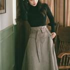 Set: Long-sleeve Mock-neck Knit Top + Belted Midi A-line Skirt