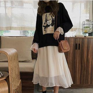 Long-sleeve Lace-trim Midi Dress As Shown In Figure - One Size