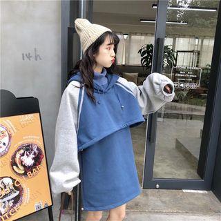 Set: Plain Turtle-neck Sleeveless Dress + Color-block Loose-fit Pullover