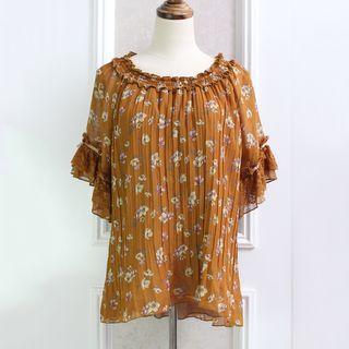 Floral Print Lace Panel Short-sleeve Chiffon Top