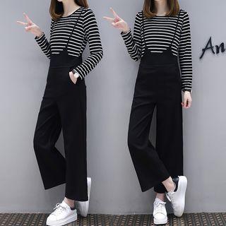 Set: Long-sleeve Striped T-shirt + Suspender Pants
