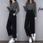 Set: Long-sleeve Striped T-shirt + Suspender Pants