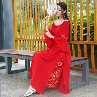 Off-shoulder Long-sleeve Floral Embroidered Midi A-line Dress