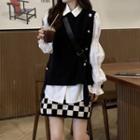 Puff-sleeve Blouse / Sweater Vest / Checkerboard Mini Skirt