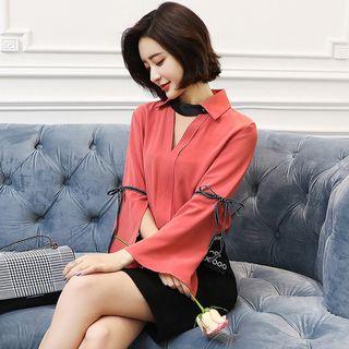 Set: Slit-sleeve Top + Pencil Skirt With Belt